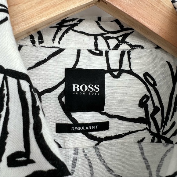 Hugo Boss Linen Black and White Floral Sketch RASH Shirt Large - Picture 3 of 15